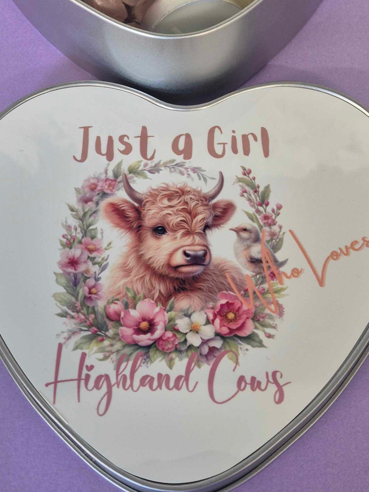 Heart shaped storage tin- 10 wax melts - Highland cow spring just a girl
