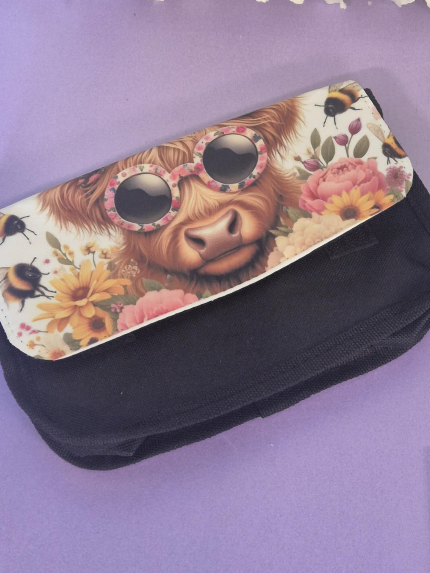 Make up brush pot holder and make up bag Highland cow bees design