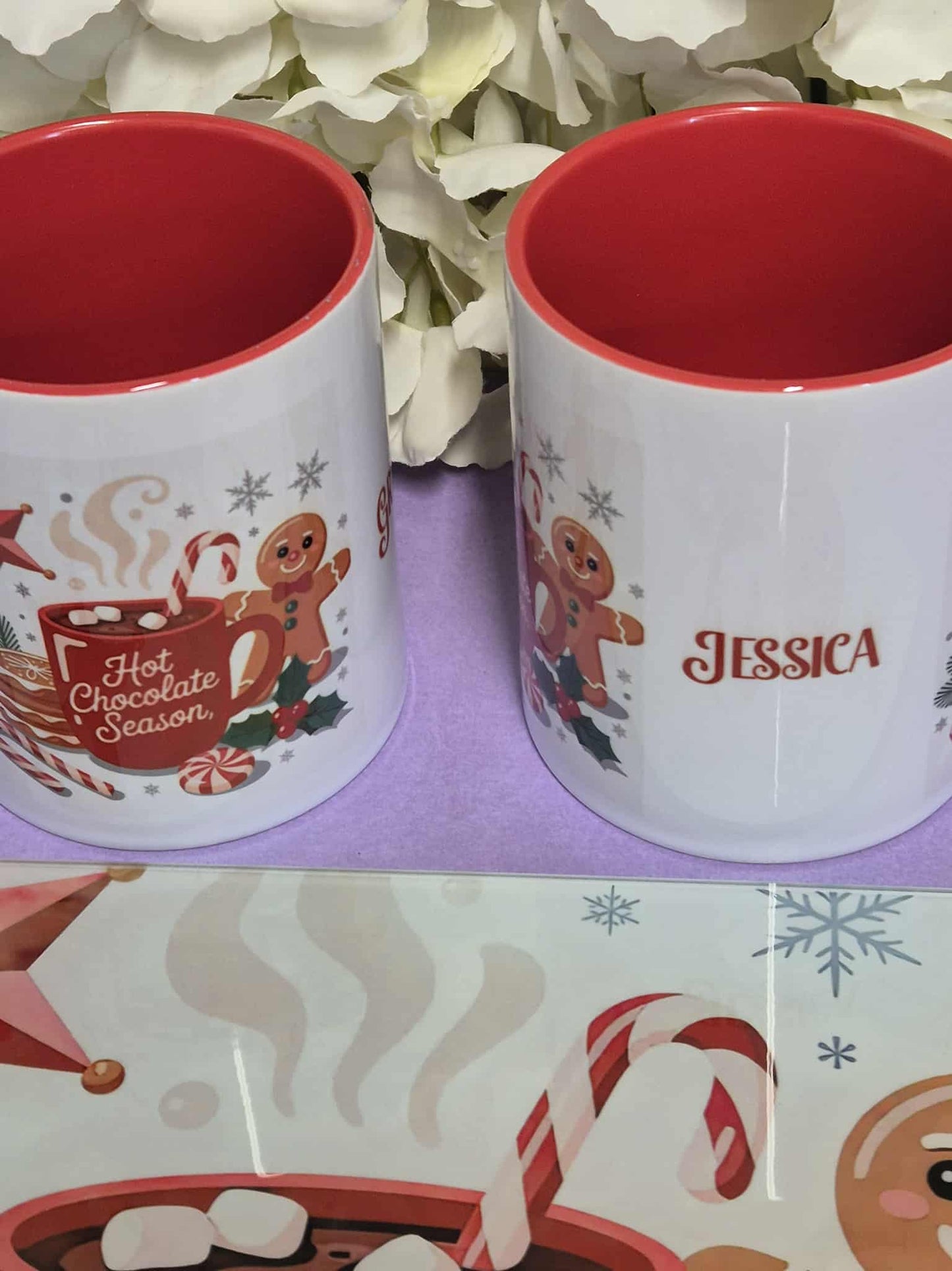 NEW - Christmas hot choc set - A4 glass heat resistant board and 2 personalized Christmas mugs