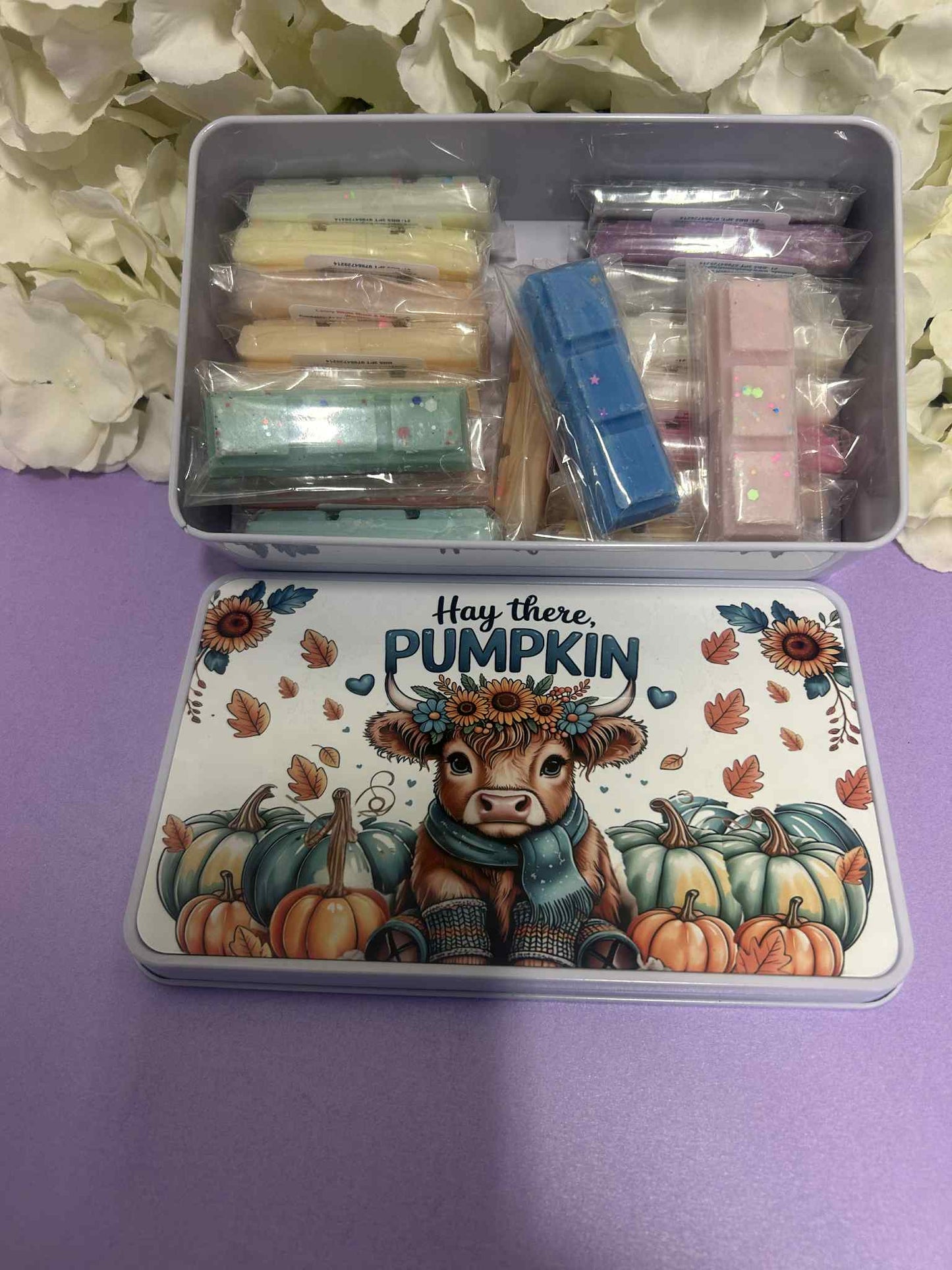 Hay there Pumpkin Cow Themed Tin Lid - Fully Loaded Wax Melt Storage Tin - Complete with 20 triple Snap Bars