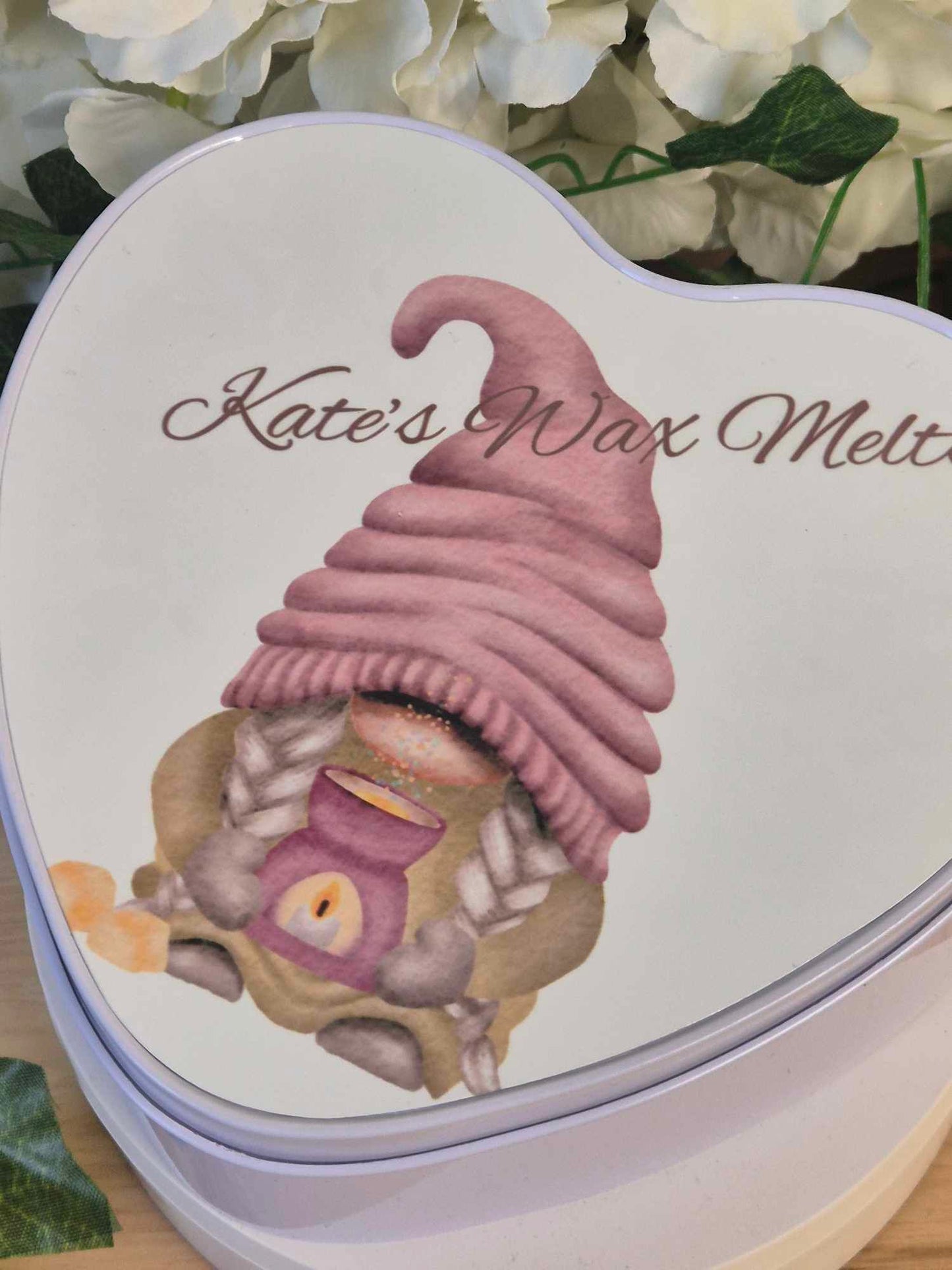 Wax Melt Heart Storage tin - Pink or Purple gnome design Personalized with name