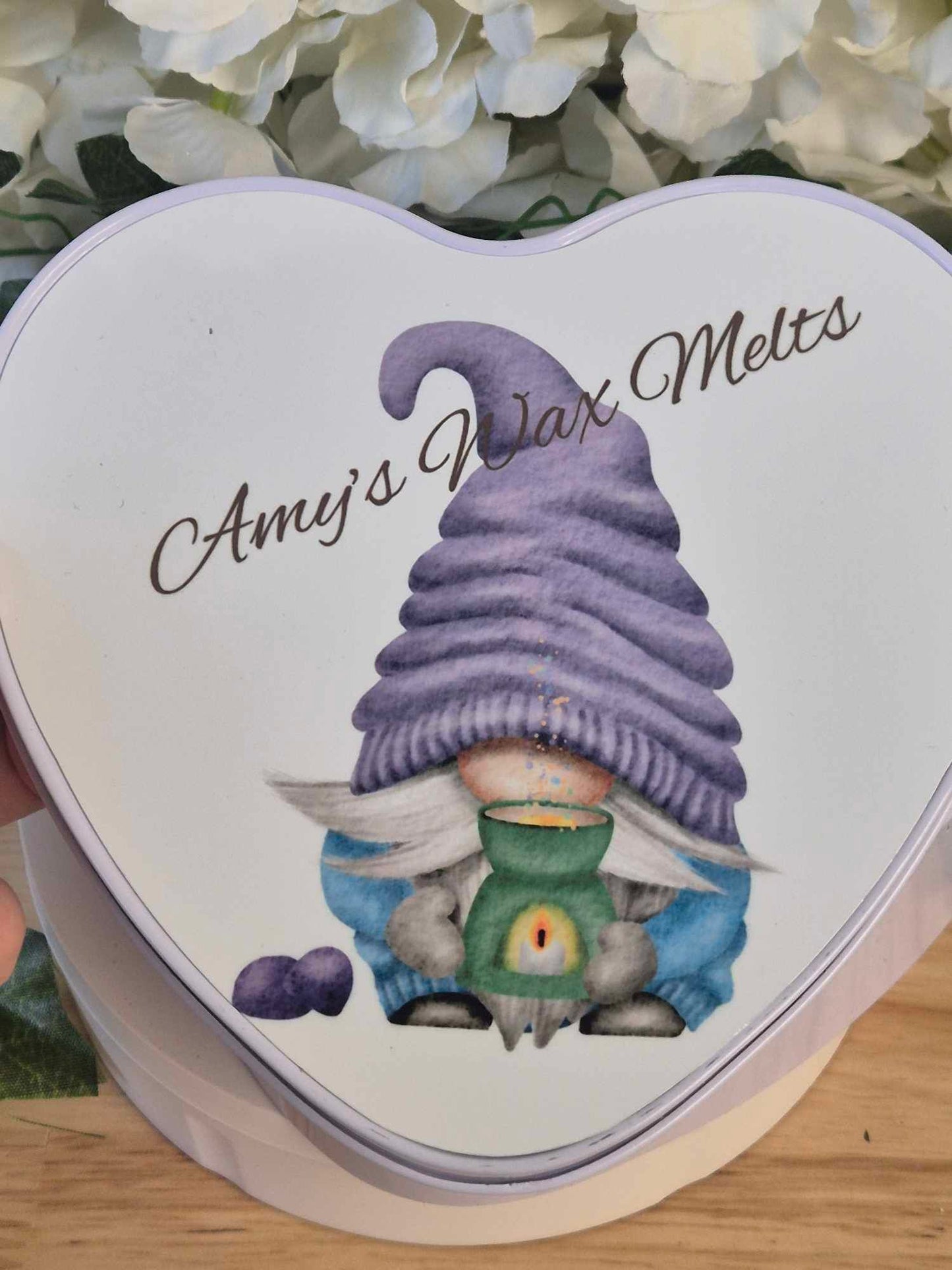 Wax Melt Heart Storage tin - Pink or Purple gnome design Personalized with name