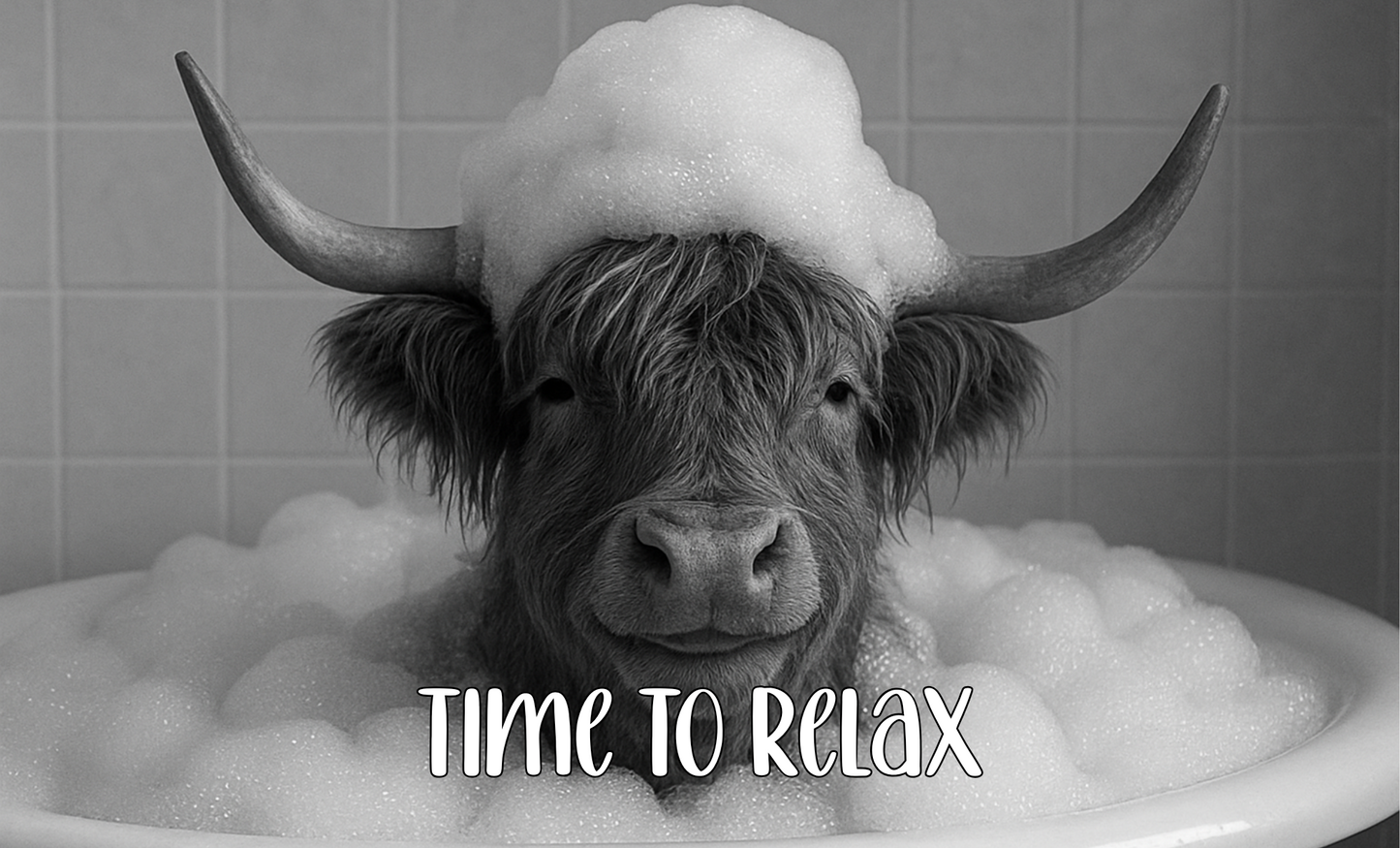 Highland Cow in the tub themed Lid - Labelled Time to Relax - buy fully Loaded with 20 Triple snap bar Wax Melts - Aluminium Storage tin.