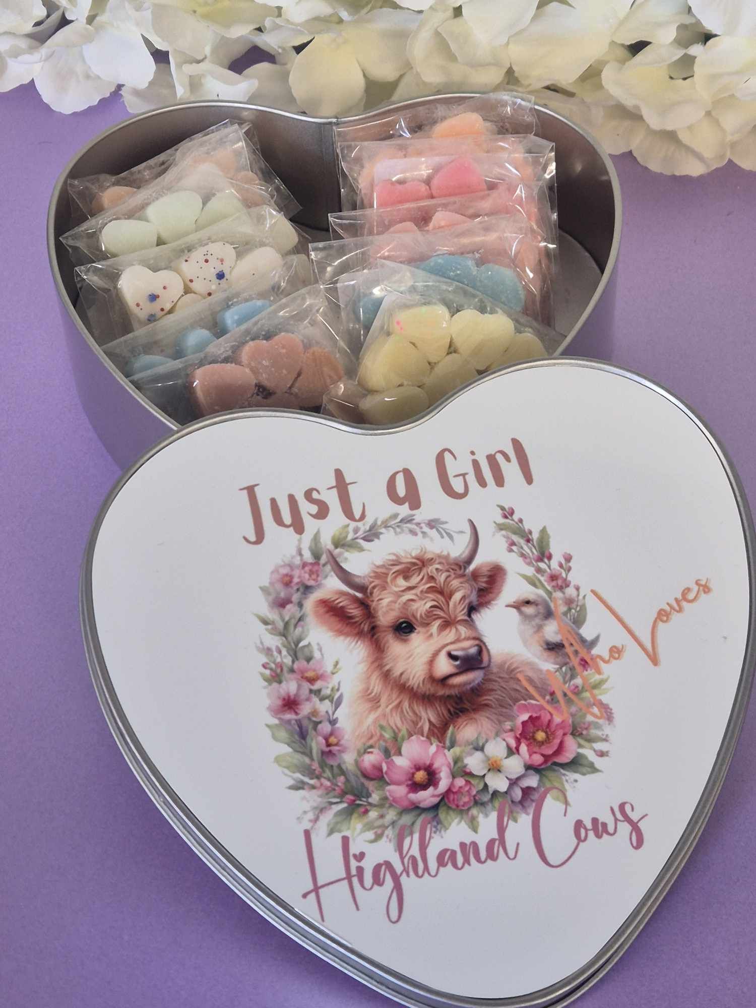 Highland cow Heart design Storage Tin - comes with 10 Wax Melts Fragrance Scented Just a girl heart tin