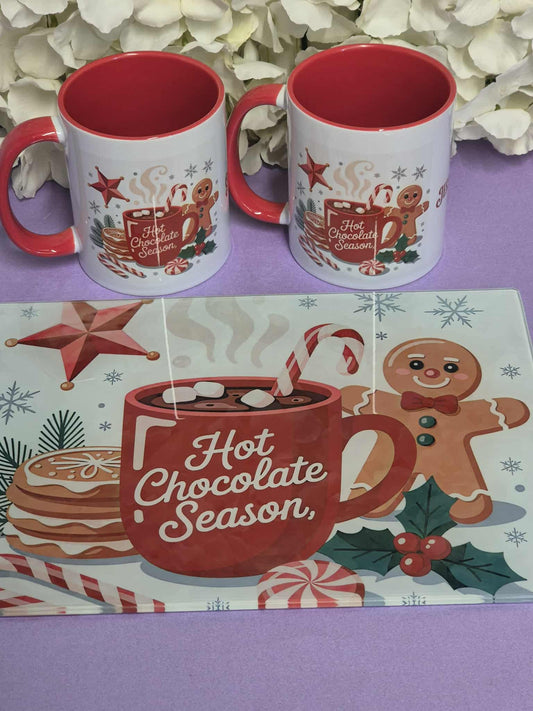 NEW - Christmas hot choc set - A4 glass heat resistant board and 2 personalized Christmas mugs