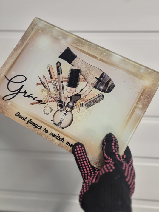 A4 Glass Heat Resistant board For Straighteners - Personalize with name (black, Gold Design