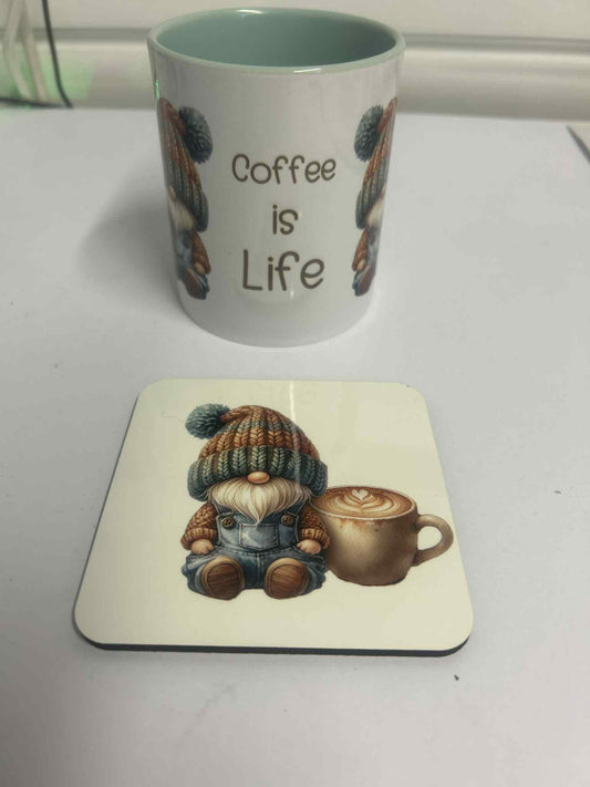 Gift Set - Gnome "Coffee is Life" Gnome Design Mug & Coaster Box Gift Wrap