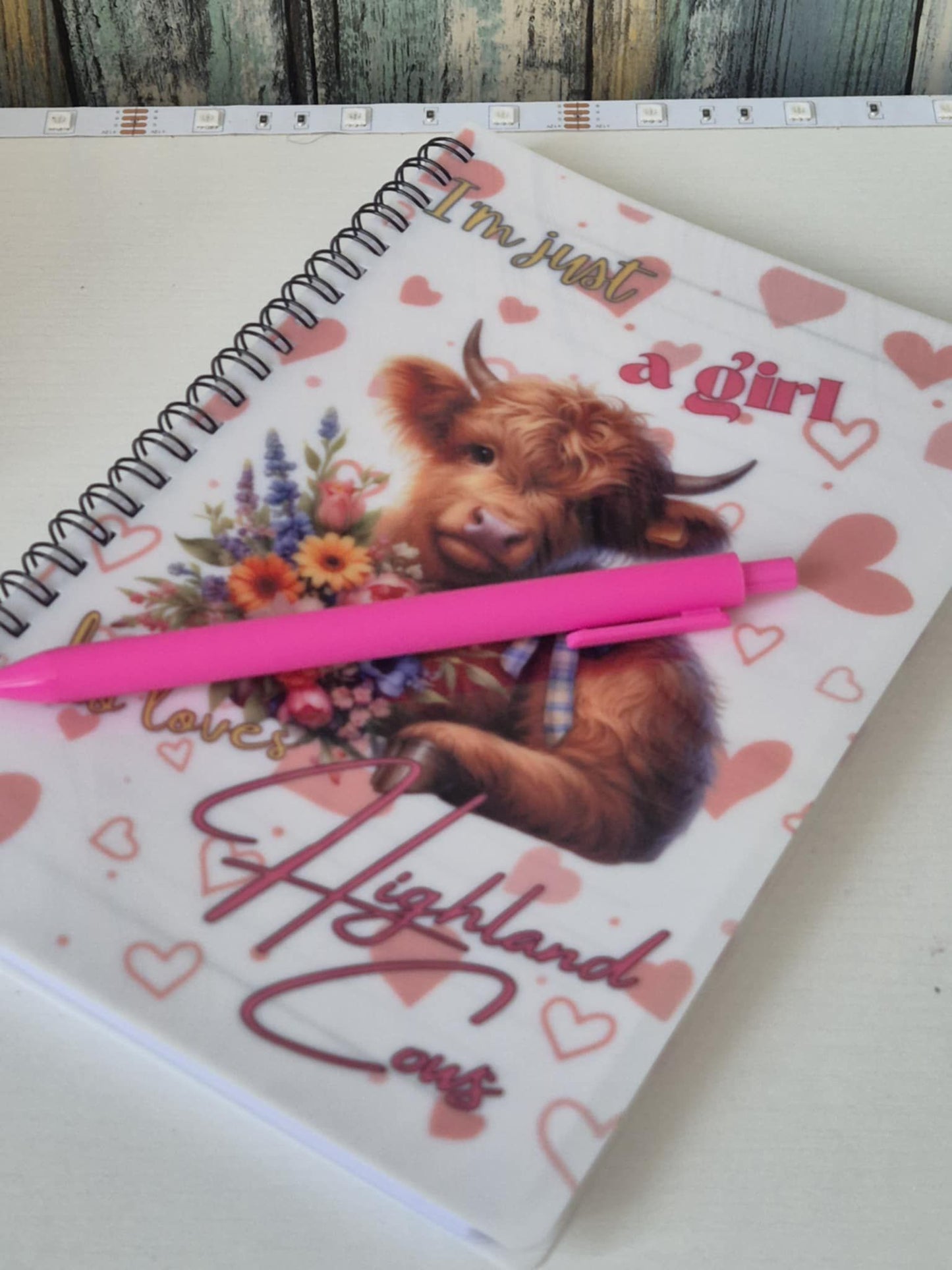 A5 Notebook Highland Cow Design - I'm just a girl who loves Highland Cows - with novelty pen