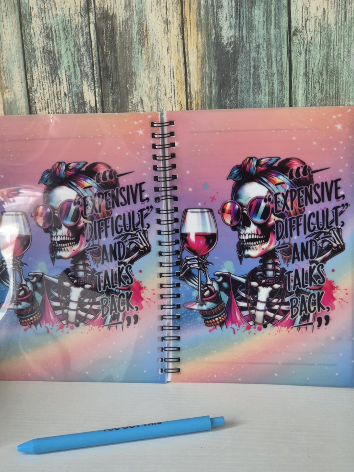 A5 Notebook Sassy Skull Design - Expensive, Difficult & Talks Back - with novelty pen