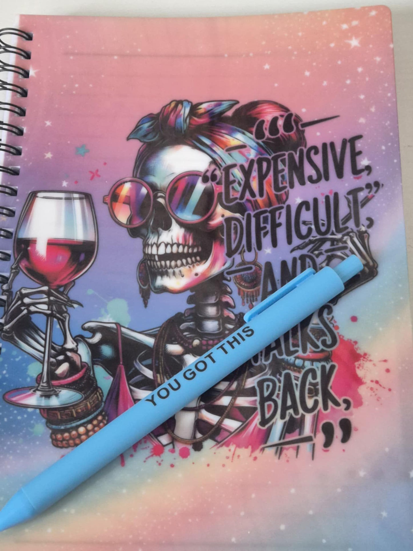 A5 Notebook Sassy Skull Design - Expensive, Difficult & Talks Back - with novelty pen