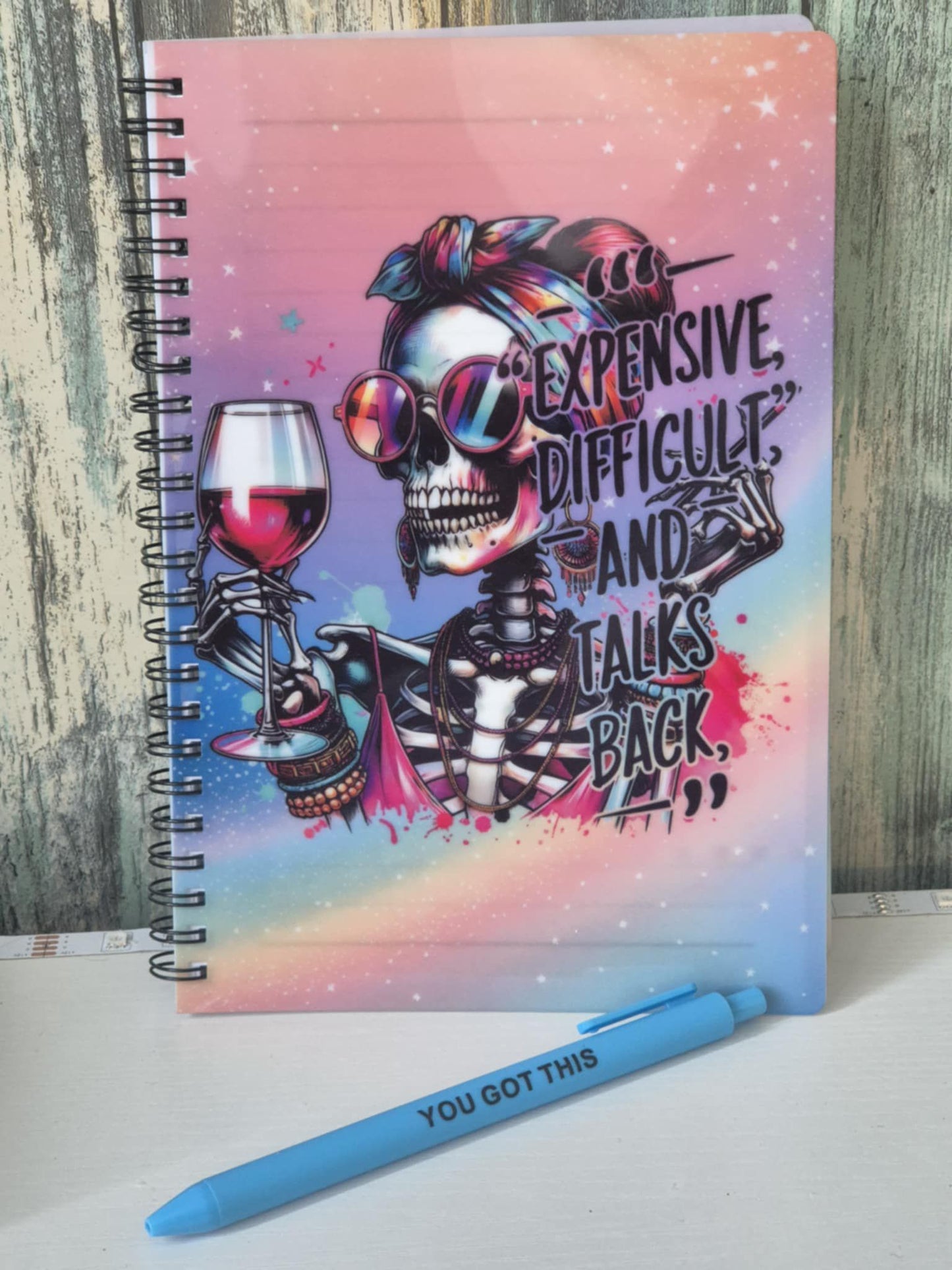 A5 Notebook Sassy Skull Design - Expensive, Difficult & Talks Back - with novelty pen