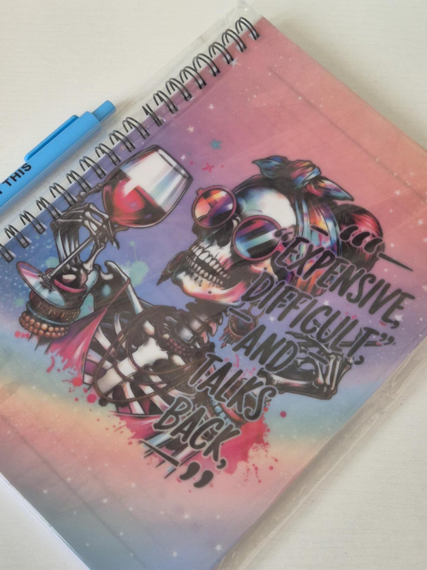 A5 Notebook Sassy Skull Design - Expensive, Difficult & Talks Back - with novelty pen