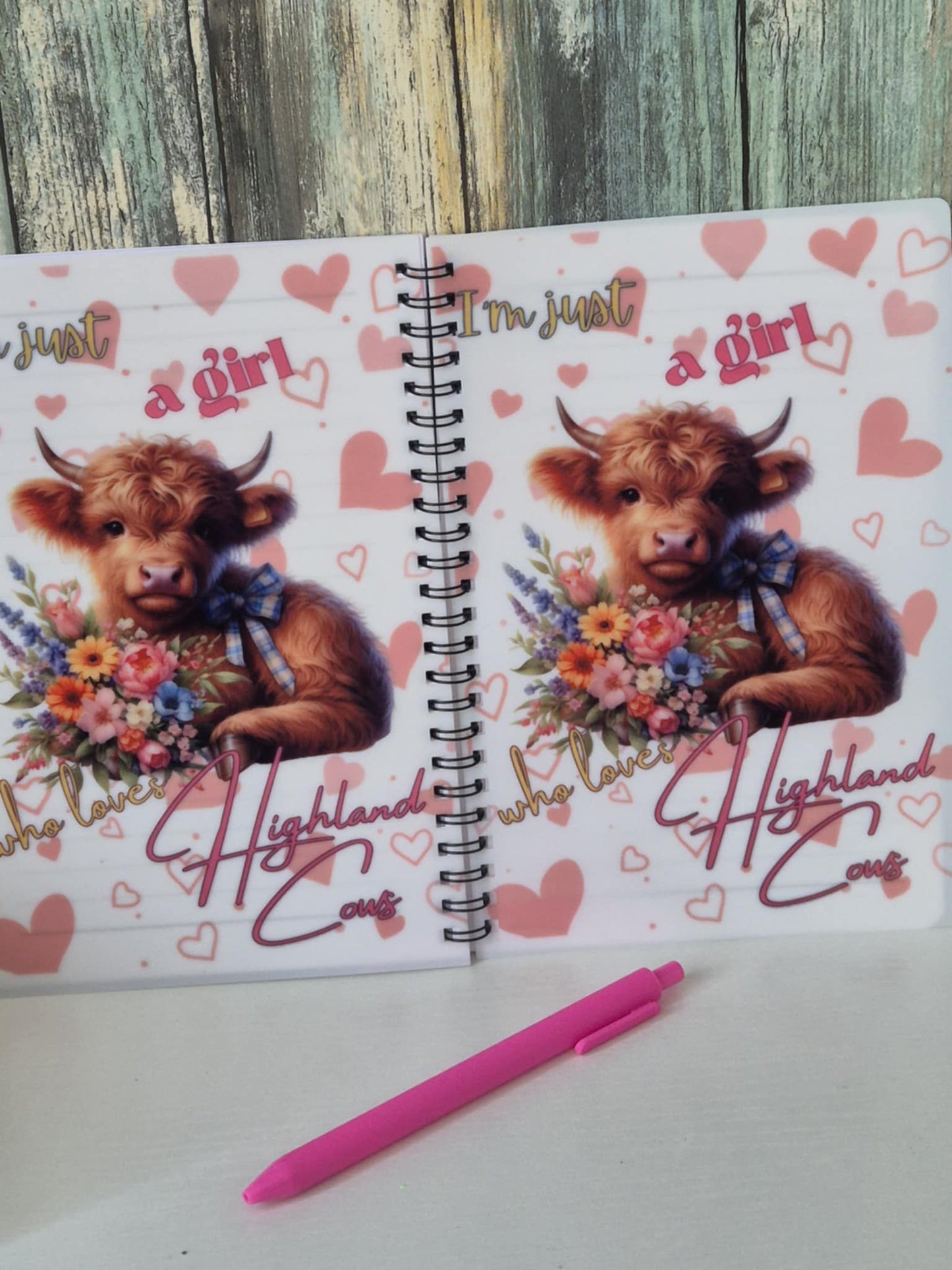 A5 Notebook Highland Cow Design - I'm just a girl who loves Highland Cows - with novelty pen