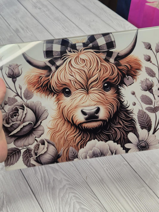 Cutting & Chopping Board A4 Sized - black n white highland cow design