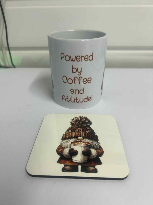 Gift Set - Gnome "Powered by Coffee and attitude" Gnome Design Mug & Coaster Box Gift Wrap