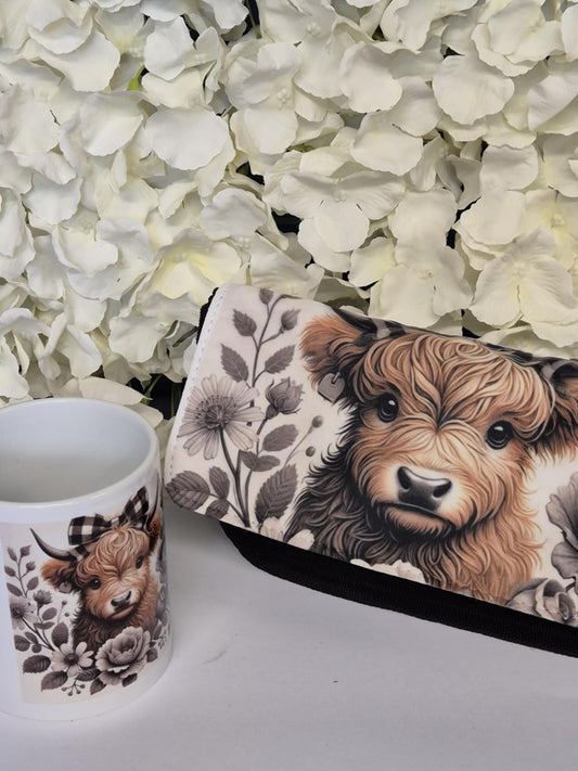 Make up brush pot holder and make up bag Highland cow black n white design