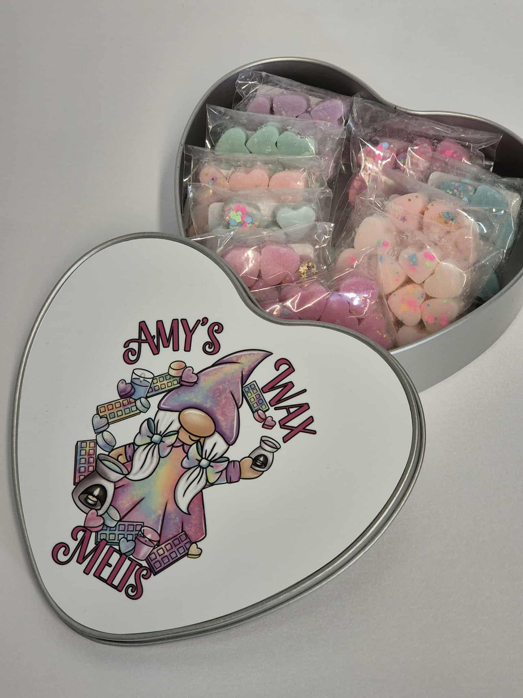 Wax Melt Heart Storage tin - Rainbow Wax melt gnome design Personalized with name