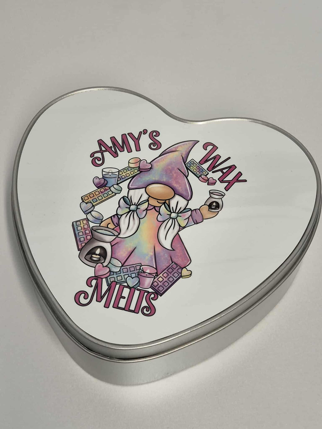 Wax Melt Heart Storage tin - Rainbow Wax melt gnome design Personalized with name