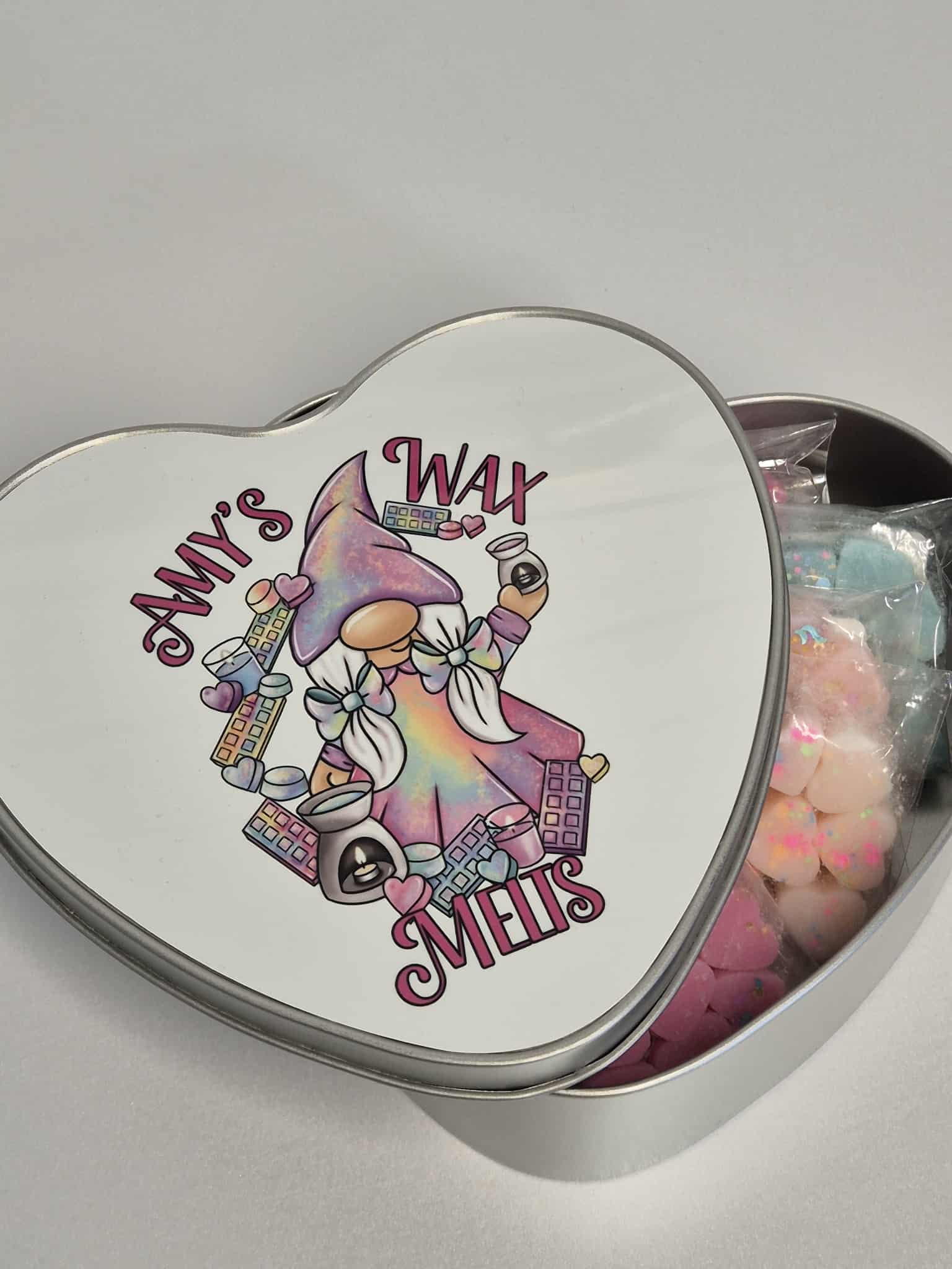 Wax Melt Heart Storage tin - Rainbow Wax melt gnome design Personalized with name