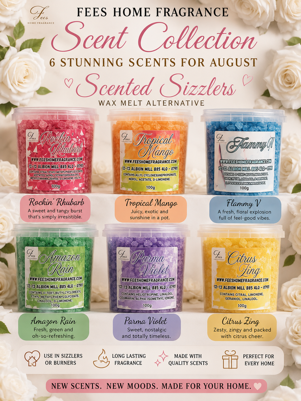 NEW - 100gm Sizzler pots - August Scent Collection 6 New Stunning Scents