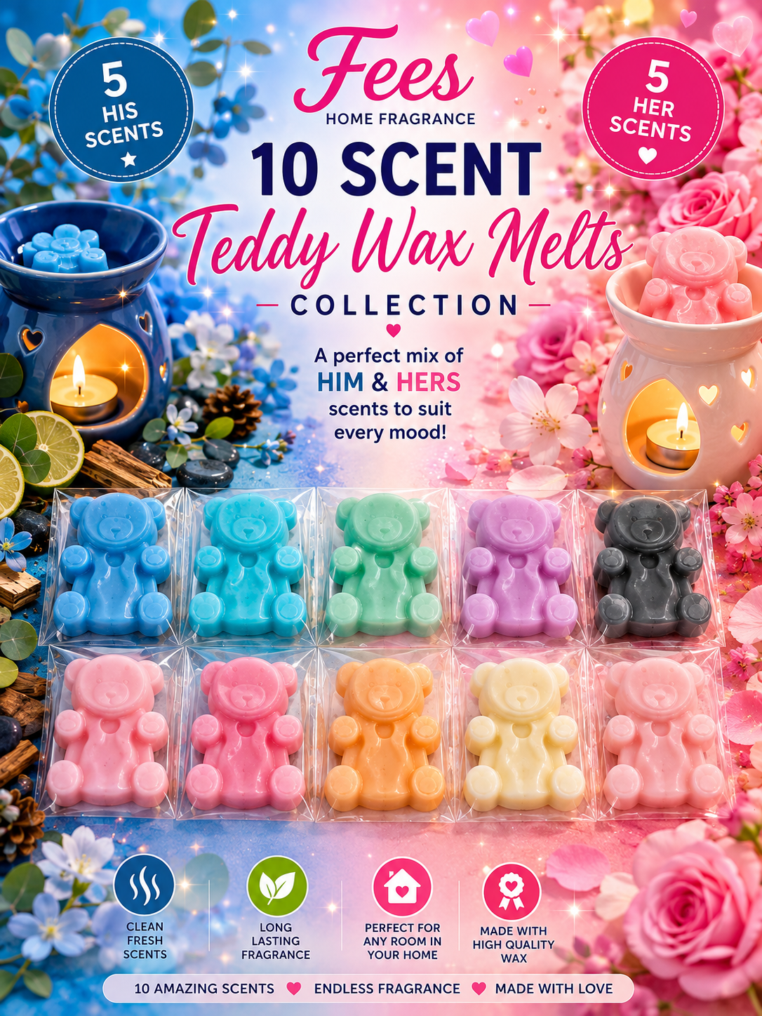 Box of Teddies sample box - 10 scent wax melts -His N Hers Scents