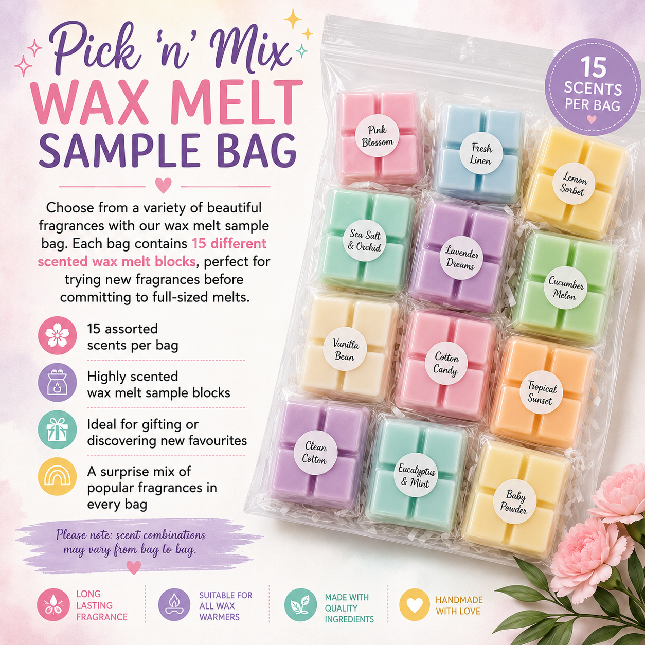 New wax melt pic n mix Bag 15 different scents (buy 4 get 1 free)