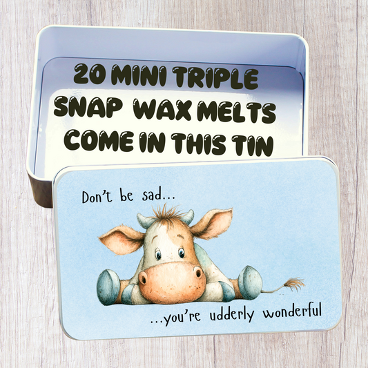 Wax Melt Storage Tin - comes filled with 20 wax melts - Cute cow design entitled Don't be sad... You're udderly wonderful